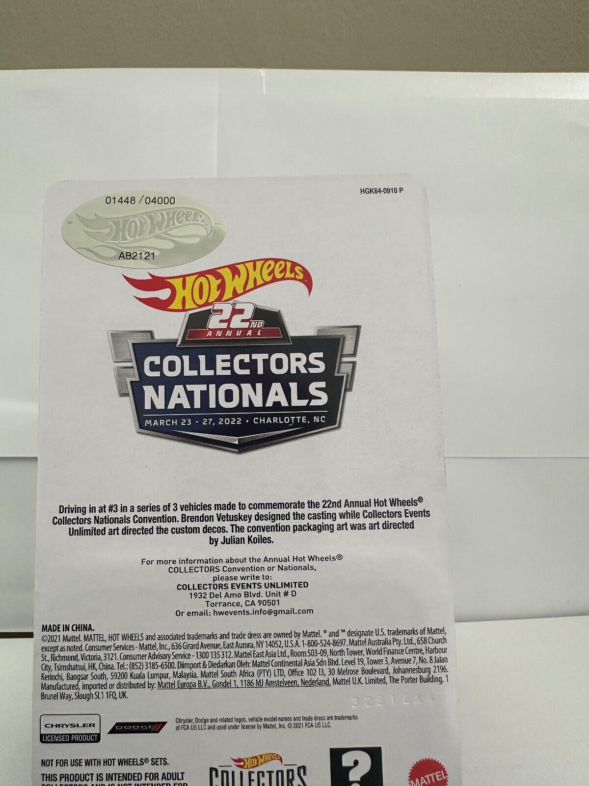 2022 Hot Wheels 22nd Annual Collectors Nationals Charlotte '69 Dodge Charger L62