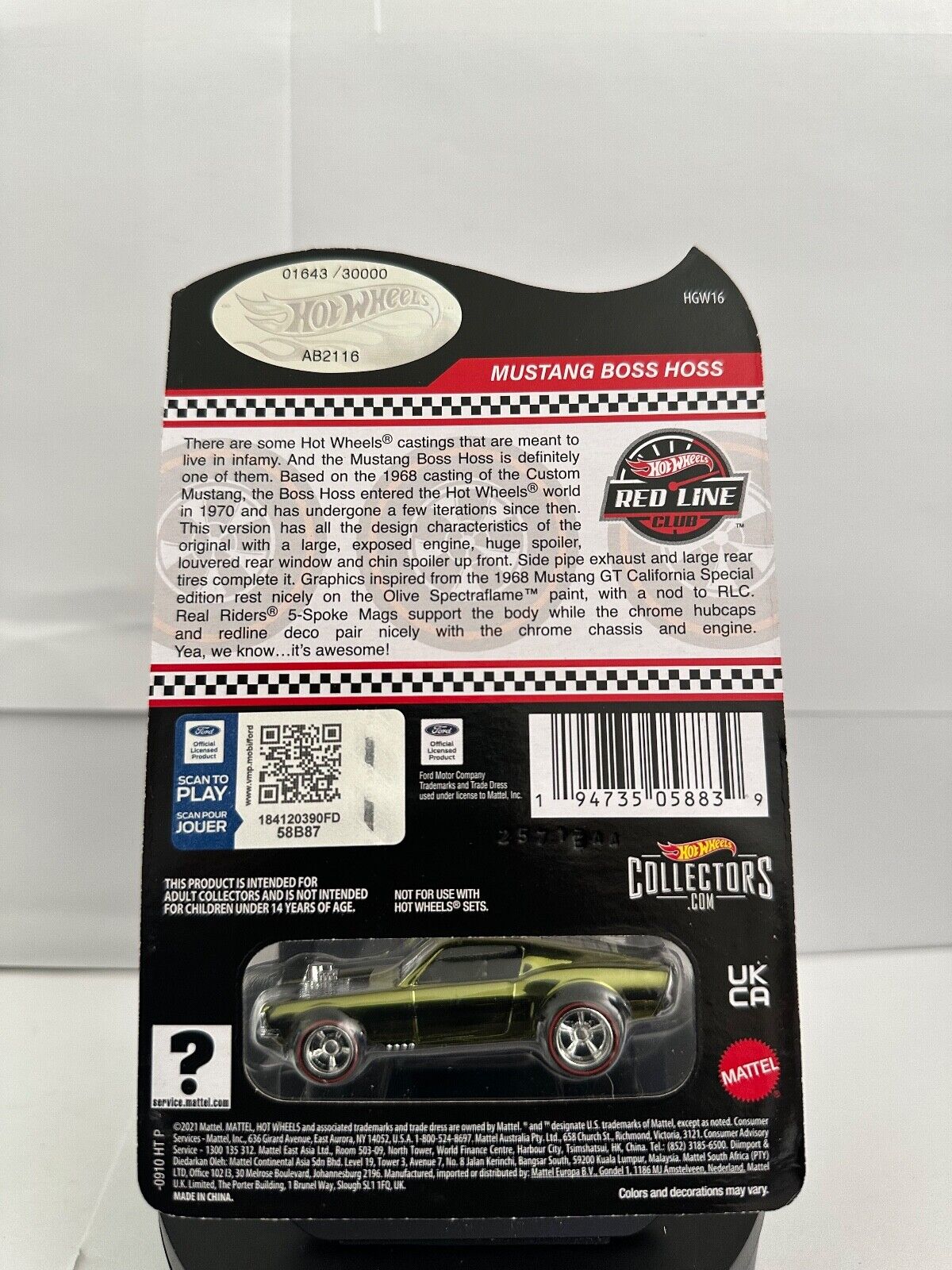 Hot Wheels 2022 RLC Red Line Club Exclusive Ford Mustang Boss Hoss #1643 L63