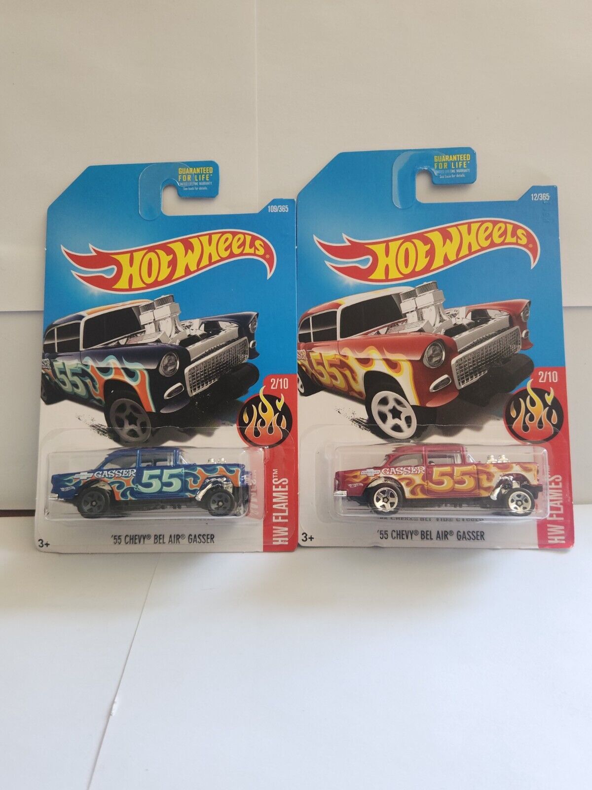 Hot Wheels Lot 2x 55 Chevy Bel Air Gasser HW Flames #2/10 Blue & Red L64